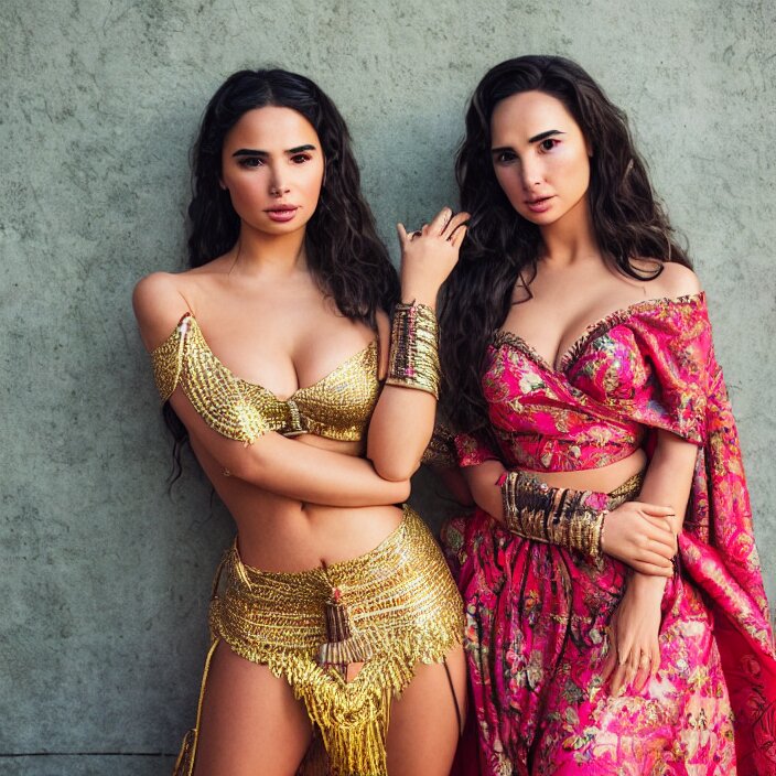 portrait of demi rose and gal gadot wearing southeast asian traditional dress, by charlotte grimm, natural light, detailed face, canon eos c 3 0 0, ƒ 1. 8, 3 5 mm, 8 k, medium - format print 