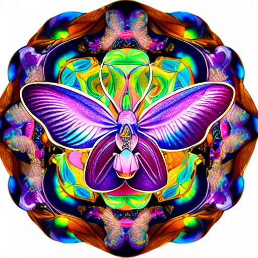 majestic colorful orchid mantis mandala enamel by james jean and yoshitaka amano, cloisonne, iridescent, black opals, beautiful hyperdetailed art nouveau orchids, ultrasharp photorealistic octane render 