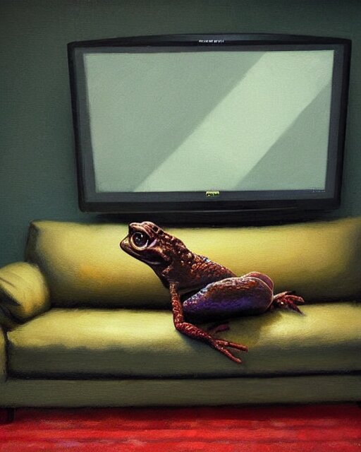 hyper realistic oil painting of toad watching a tv movie on the couch, back camera shot, vibrant colors, high contrast, by greg rutkowski, trending on artstation, caricaturist 