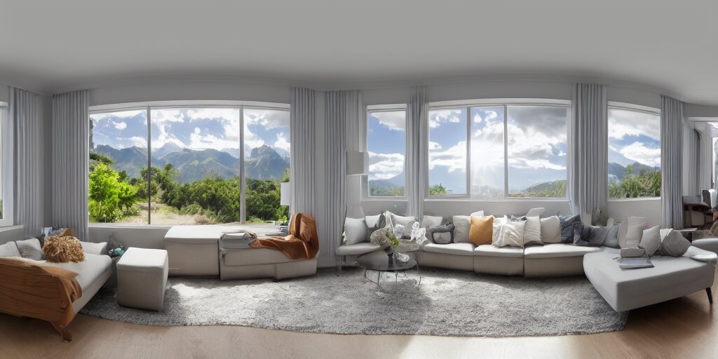 Equirectangular GoPro VR render of a modern living room, natural colors, ambient occlusion, national geographic, 8k uhd