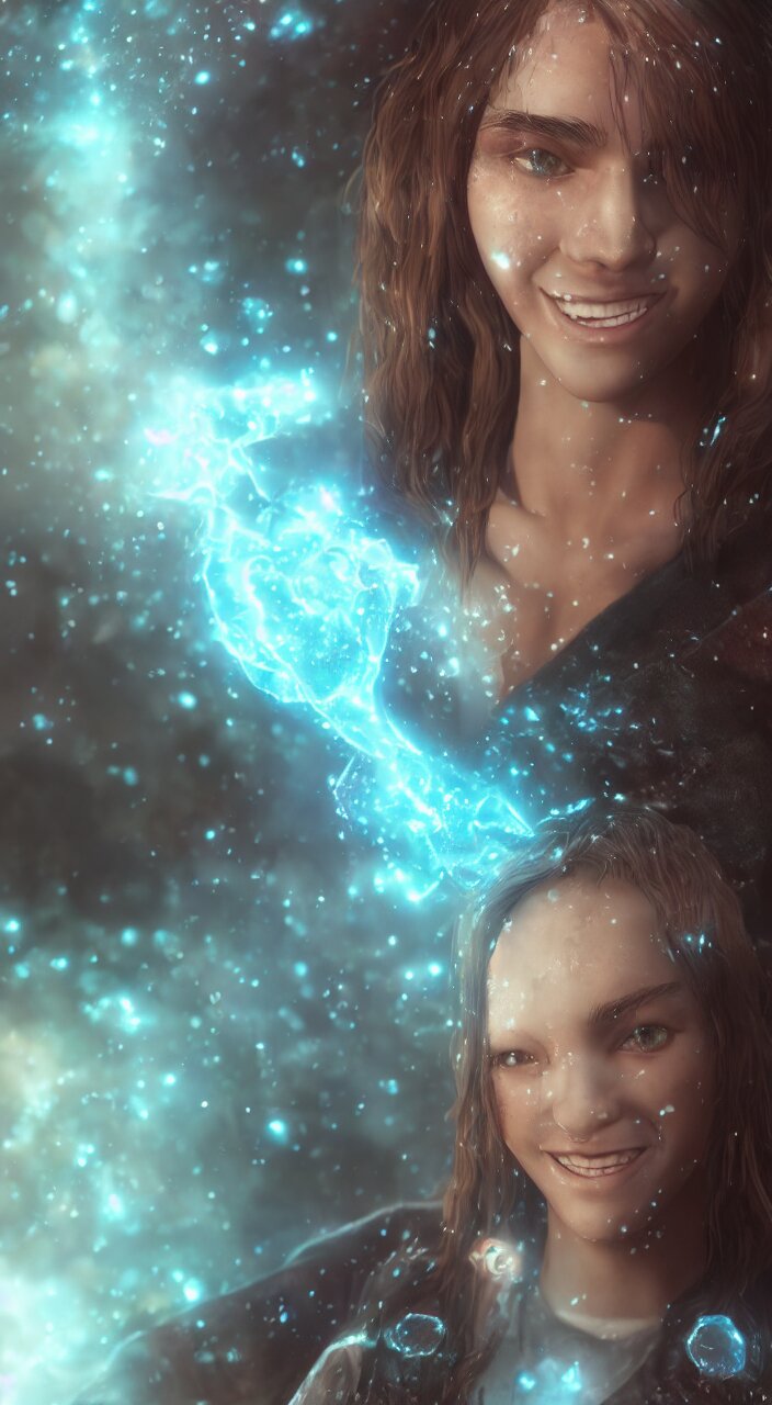 Teenage female Mage, outdoors lighting, astral background, symmetrical face and body, confident, smile, detailed moisture, detailed droplets, detailed intricate hair strands, DSLR, ray tracing reflections, eye reflections, focused, unreal engine 5, vfx, post processing, post production, Arcane Style, 8k