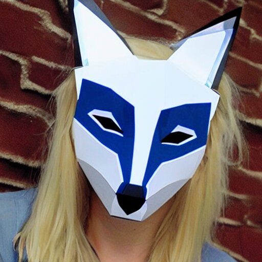 a young blue-eyed blonde woman wearing a lowpoly fox mask made of transparent glass, looking sideways seductively