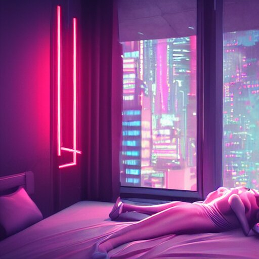 « inside a girl room, cyberpunk vibe, neon glowing lights, sharp focus, photorealistic, unreal engine 5, girl in the bed, window that shows the skyscrapers in the background » 