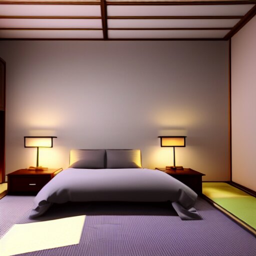 still photo of a japanese master bed room, highly detailed, photorealistic portrait, bright studio setting, studio lighting, crisp quality and light reflections, unreal engine 5 quality render 