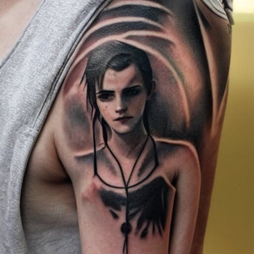 man with tattoo of emma watson on arm back by greg rutkowski