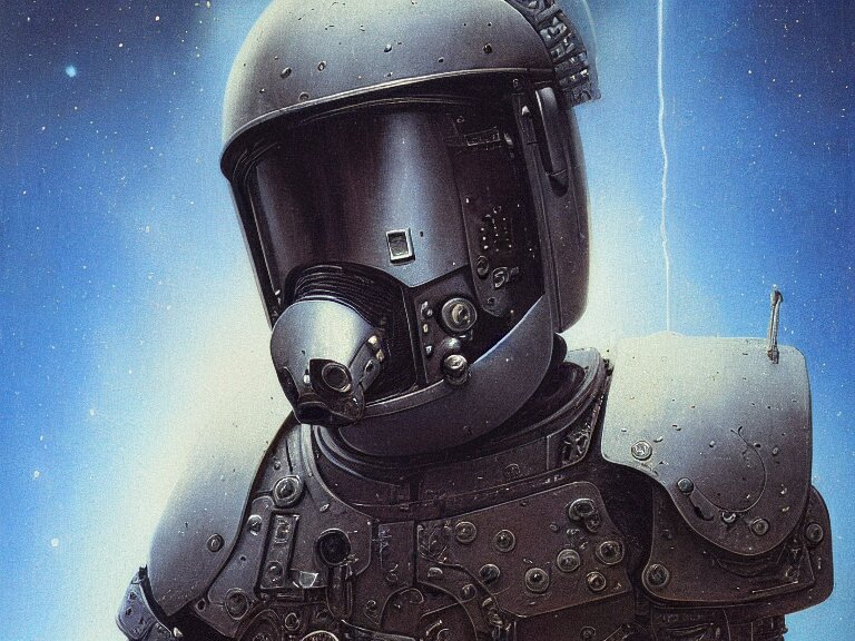  a detailed portrait painting of a bounty hunter in combat armour and visor. Smoke. cinematic sci-fi poster. Cloth and metal. Flight suit, accurate anatomy portrait symmetrical and science fiction theme with lightning, aurora lighting clouds and stars. Futurism by beksinski carl spitzweg moebius and tuomas korpi. baroque elements. baroque element. intricate artwork by caravaggio. Oil painting. Trending on artstation. 8k