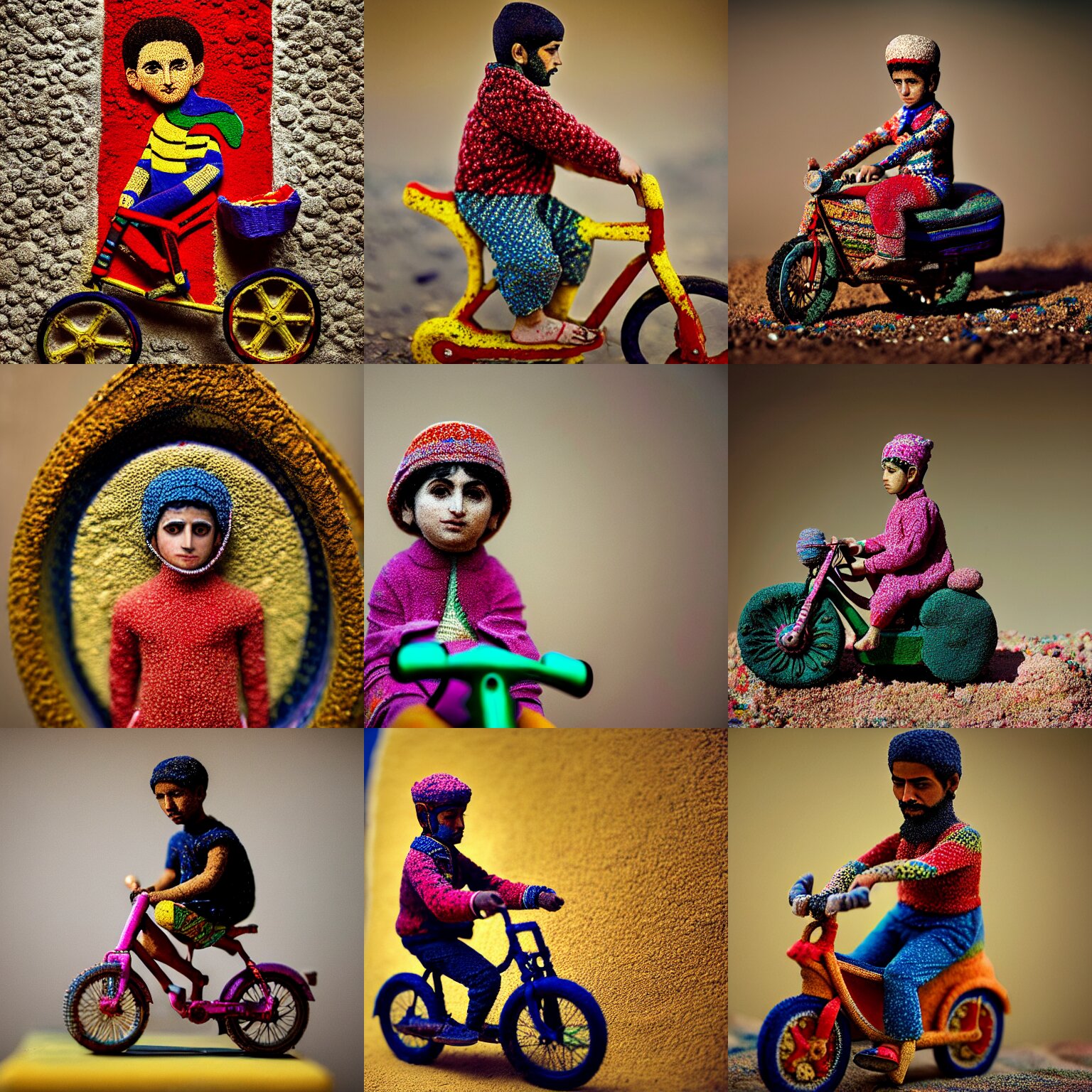 portrait of a carpeted figurine of Iranian child on a bike, colourful, detailed, depth of field, intricate, delicate, by Jonas Jensen, Magnum photos