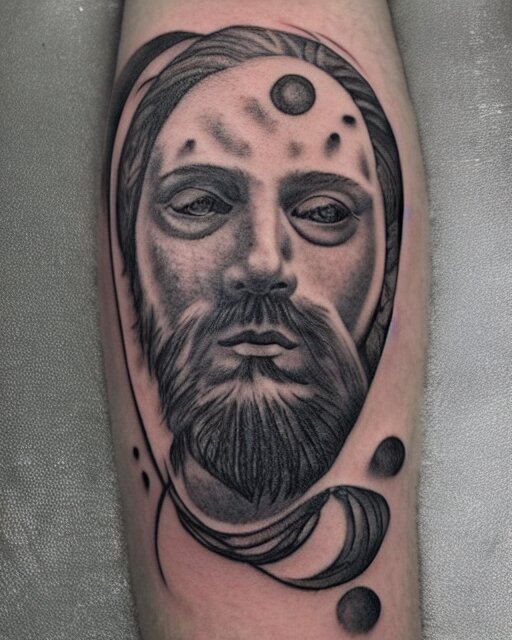 renaissance head with planets tattoo design, hyper - realistic, in the style of tony santos 