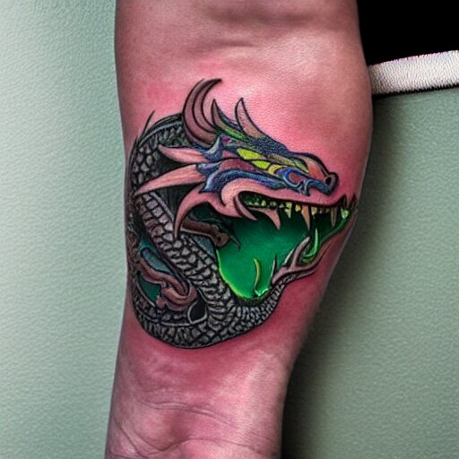 Arm tatoo of a dragon starting from the elbow, wrapping around the wrist in a downward spiral, emerald placed inside of the dragons mouth