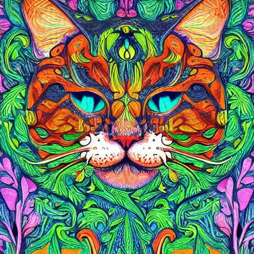 colourful ornate decorative green man as a cat face by louis wain and william morris, closeup, twisting leaves, abstract psychedelic, 8 k, artstation 