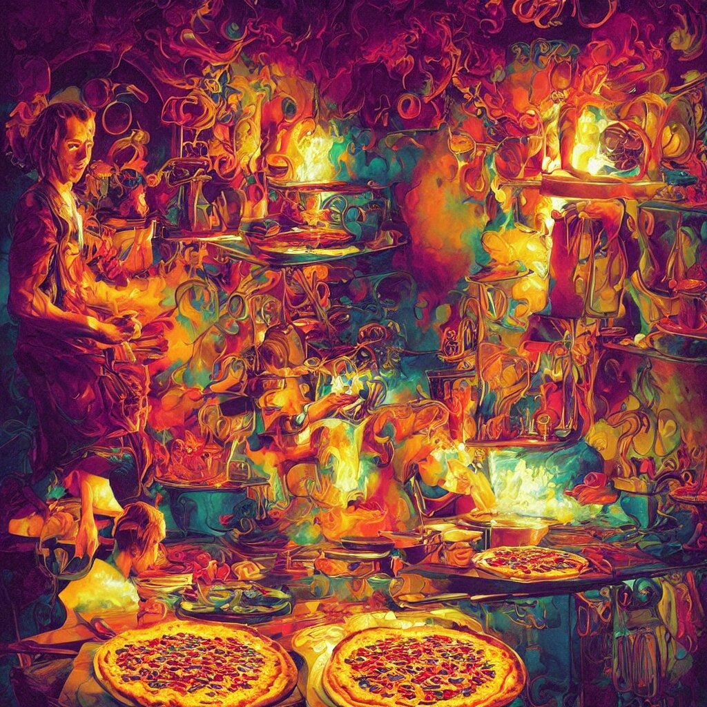 bright psychedelic portrait of_nick_cave_baking_a_pizza, diffuse lighting, fantasy, intricate, elegant, highly detailed, lifelike, photorealistic, digital painting, artstation, illustration, concept art, smooth, sharp focus, art by John Collier and Albert Aublet and Krenz Cushart and Artem Demura and Alphonse Mucha