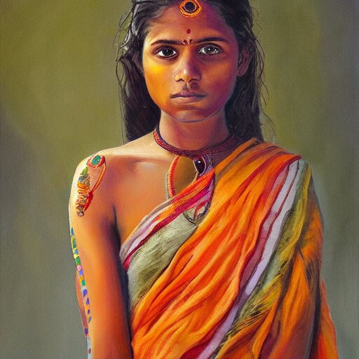 stunning, breathtaking, awe - inspiring award - winning concept art portrait painting by steve mccurry of a beautiful young hindu woman warrior with short, wavy hair, wearing a colorful sari 