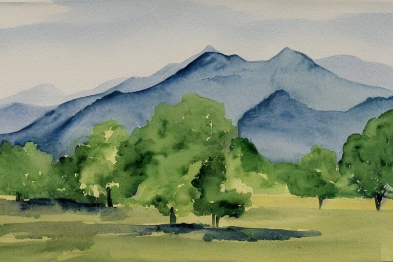 green landscape with trees and mountains in the distance, watercolor 