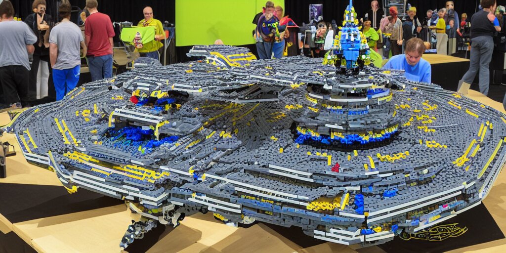 wide shot lens photo of a very intricately detailed and epically shaped 1. 2 5 m long alien lego mothership ufo kit designed by a master builder as displayed at a lego convention. 