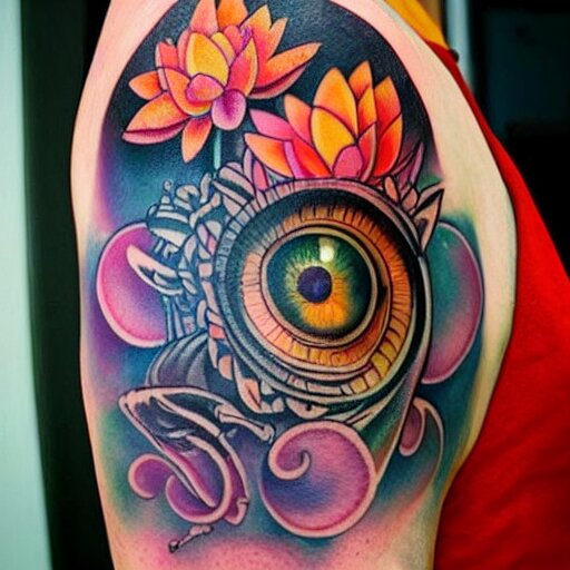 shoulder tattoo of a meditating cute bush baby, eyes are sparkeling rainbow spirals, glowing multicolored chakra symbols, surrounded with colorful lotus leaves, insanely integrate 