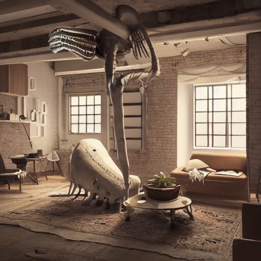 a beautifully decorated loft, interior design, mammoth skeleton in a corner, vray render, 8 k, artstation 