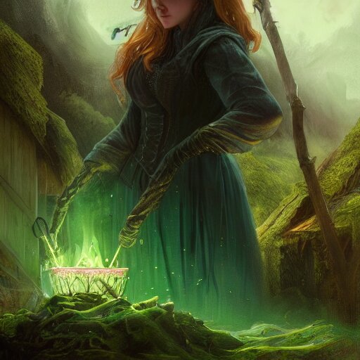 Epic portrait an witch brewing green liquid from cauldron, Blurry cabin backround, glowing, digital painting, artstation, concept art, soft light, hdri, smooth, sharp focus, illustration, fantasy, intricate, elegant, highly detailed, D&D, matte painting, in the style of Greg Rutkowski and Alphonse Mucha and artemisia, 8k, highly detailed, jurgens, rutkowski, bouguereau, pastoral, rustic, georgic