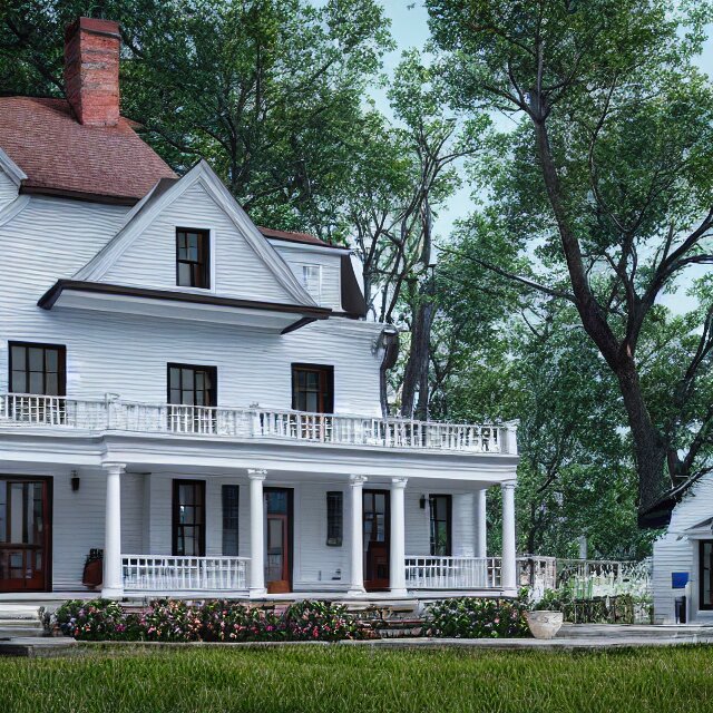 modern new england colonial house with a round blue door, brick cape house, realistic, unreal engine render, octane render, hyper realistic, photo, 8 k 