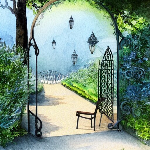 delicate, chairs, garden, paved, botanic watercolors, iridescent, 8 k, realistic shaded, fine details, artstation, italian, iron gate, tree, mediterranean, alien world 