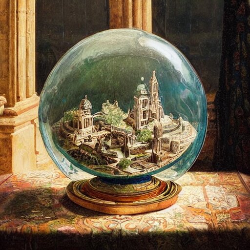 still life painting of a minature tabletop ancient city under a glass dome, by paulette tavormina and clara peeters and willem kalf, cool color - scheme with blues and greens, hyper realistic, super detailed, beautiful lighting 