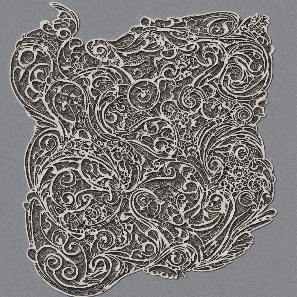 vintage art nouveau style sticker, cat as a cyborg, detailed filigree fretwork lacework