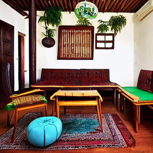 living room interior design with assamese traditional gamosa textured furniture, mekhela sador motif design pattern walls and floor, teak table, japandi, ikea, sunny, warm wood, urban jungle plants, small kitchen table, indian antique chairs, round mirror on the wall, light - brown wall, mid - century sofa indian architecture 