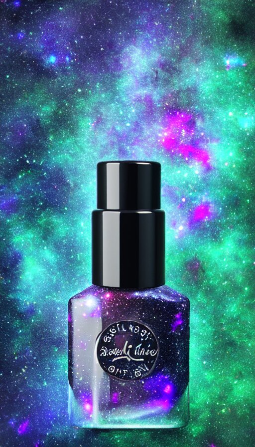 a beautiful bottle of nail polish filled with forest green small galaxy's and nebulas and blue sparkles, insane, intricate, highly detailed, Zeiss Lens, smooth, sharp focus, Unreal Engine 5, Octane Render, Redshift, 8K