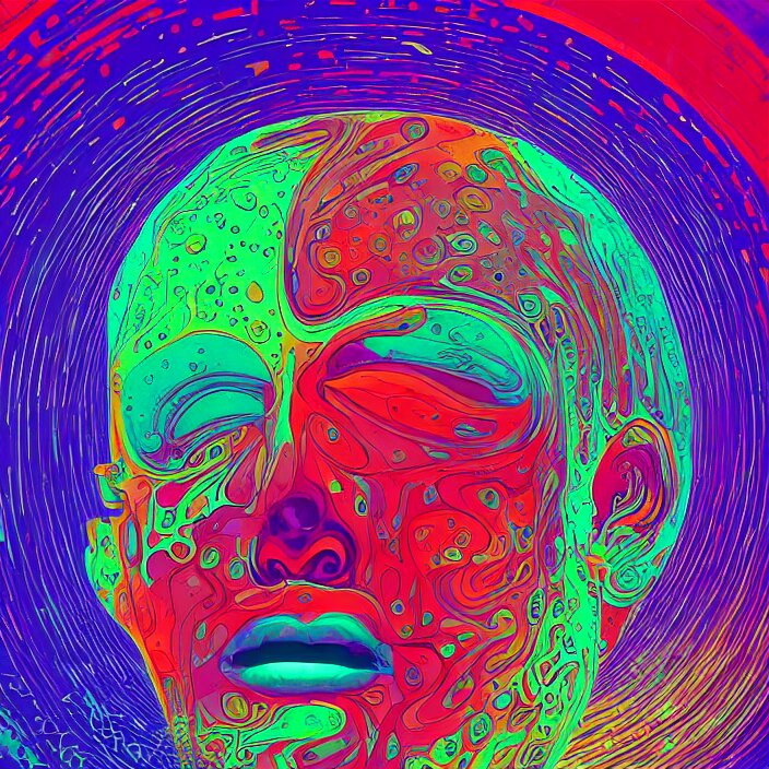 illustration of a colorful melting human head. circles, ferrofluids, water distortions. intricate abstract. intricate artwork. beeple 