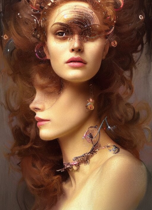 a highly detailed photo of very intricate female face portrait, futurism, rococo cyber neon lighting, detailed futuristic fibonacci jewelry, profile posing, hyper photorealistic, trending in pinterest, cinematic, 4 k ultra hd, by denis villeneuve tom anders zorn hans dragan bibin thoma greg rutkowski ismail inceoglu illustrated sand storm alphonse mucha 