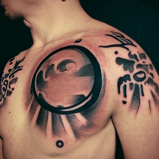 tattoo on a man’s arm of Gojo Saturn from jiujitsu Kaisen laughing with a sun behind him