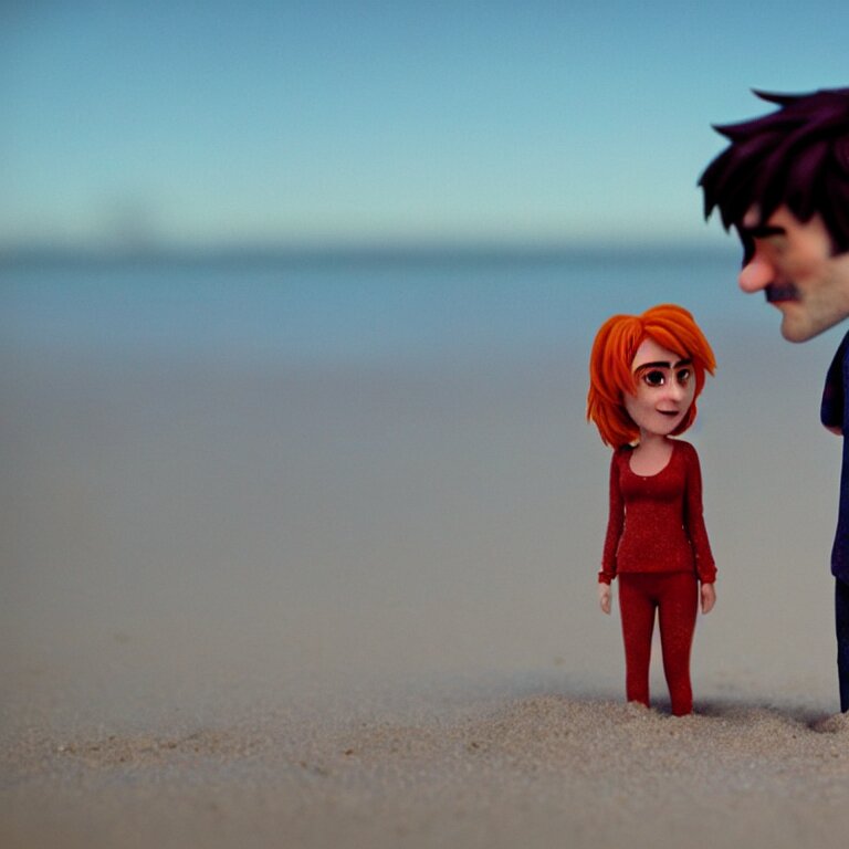 a cinematic film still of a claymation stop motion film eternal sunshine of the spotless mind joel and clementine on the beach, shallow depth of field, 8 0 mm, f 1. 8 