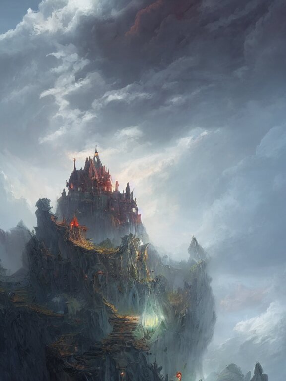 photo of 8k ultra realistic castle on cliff surrounded by swirling clouds and lighting, dark, menacing, full of colour, cinematic lighting, battered, trending on artstation, 4k, hyperrealistic, focused, extreme details,unreal engine 5, cinematic, masterpiece, art by Peter Mohrbacher