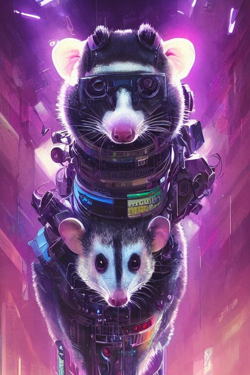 a beautiful portrait of a cute cyberpunk opossum by sandra chevrier and greg rutkowski and wlop, purple blue color scheme, high key lighting, volumetric light, digital art, highly detailed, fine detail, intricate, ornate, complex, octane render, unreal engine, photorealistic 