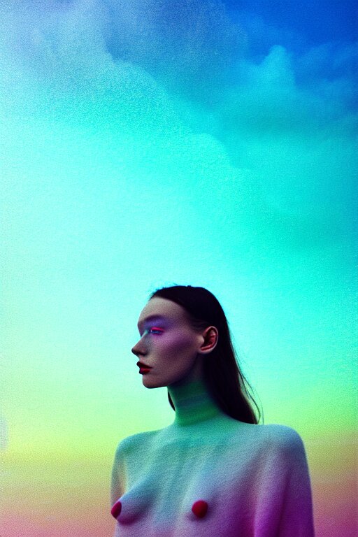 high quality pastel coloured film close up wide angle photograph of a model wearing clothing swimming on cloud furniture in a icelandic black rock!! environment in a partially haze filled dreamstate world. three point light, rainbow. photographic production. art directed. pastel colours. volumetric clouds. pastel gradient overlay. waves glitch artefacts. extreme facial clarity. 8 k. filmic. 