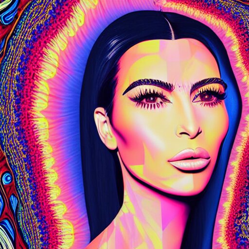 an extremely psychedelic portrait of kim kardashian, surreal, lsd, face, detailed, intricate, elegant, lithe, highly detailed, digital oth, sharp focus, illustration, 