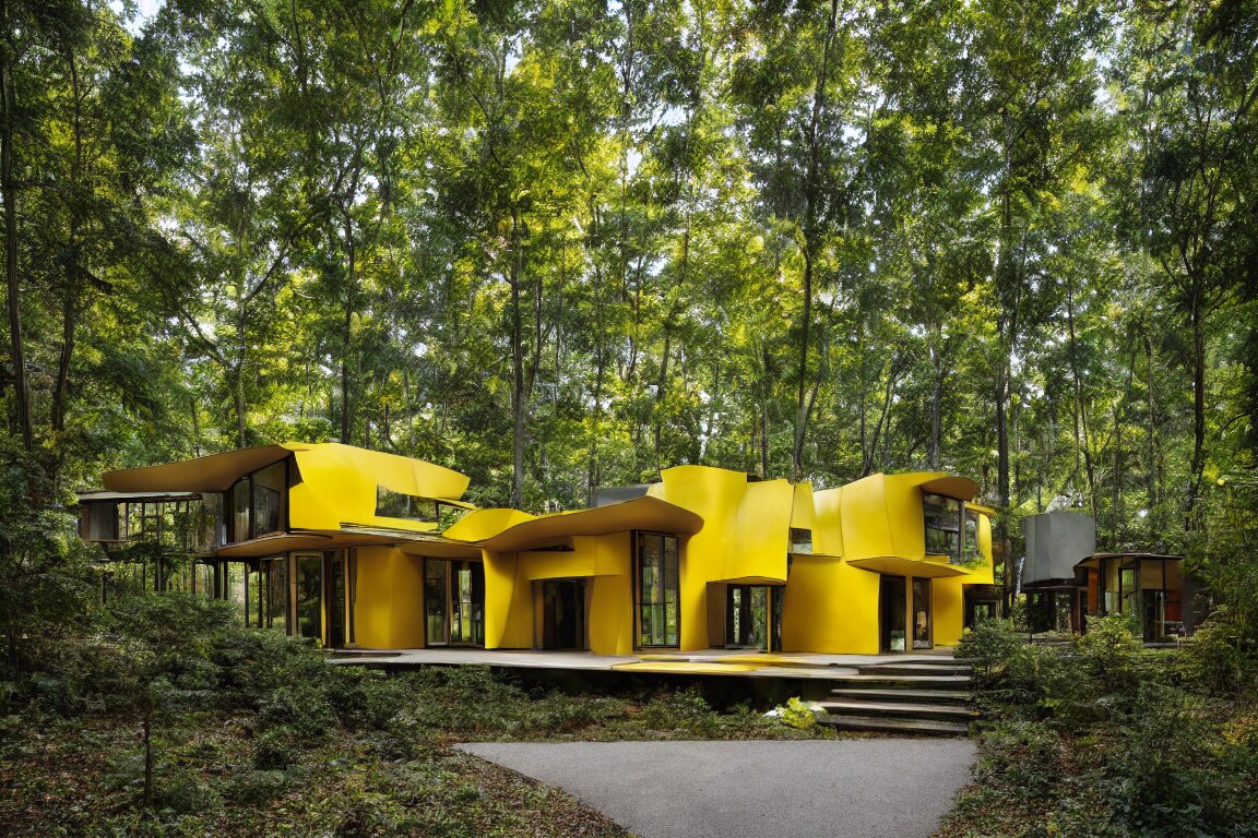 a mid century modern house in a forest, designed by Frank Gehry. Tiles. Small gravel driveway . Film grain, cinematic, yellow hue