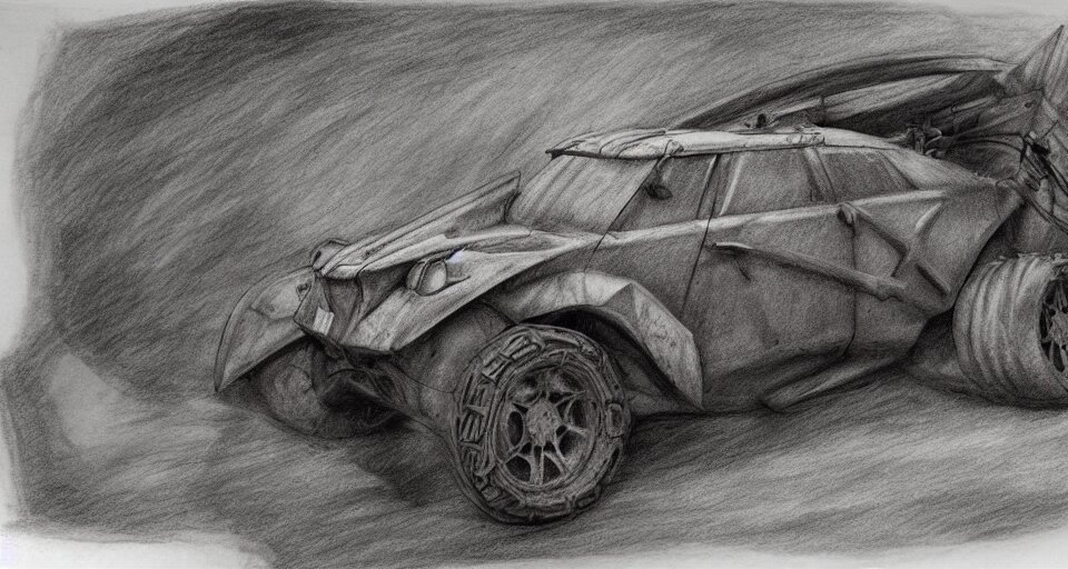 graphite drawing of a stylized cartoony fury road car 