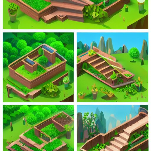 3 d mobile game prop pack is an isometric stairs but with an organic natural design that is based on different grass items - like plants with grass all inspired artstation stylized nature. around the stair, we can see flowers, grass, bushes. all in isometric perspective and semi - realistic style white background 