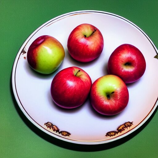 a wide angle side view realistic photo of only 3 apples on a colorful plate, award winning 