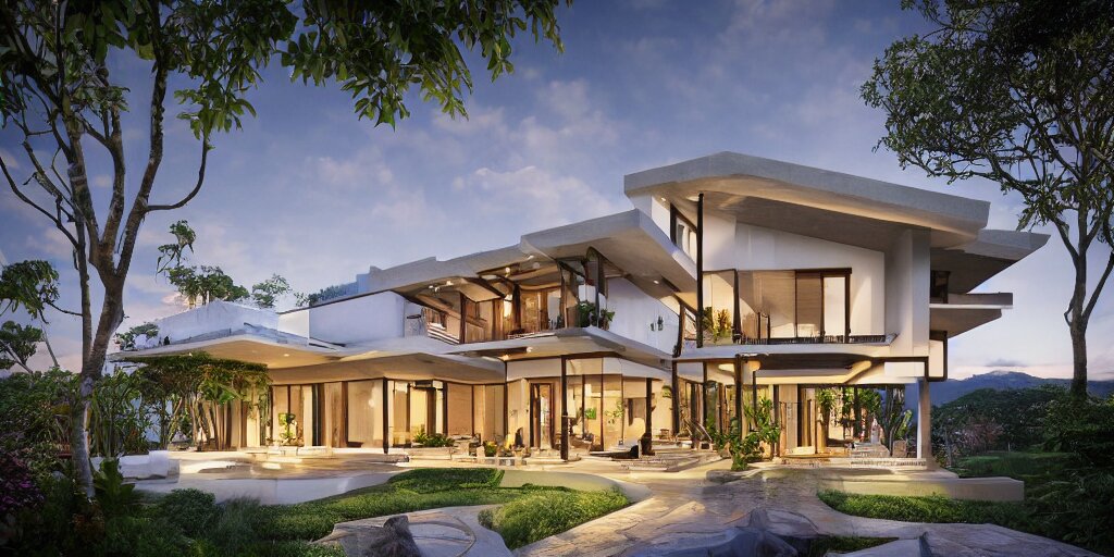 3d rendering  of beautiful nature meets architecture concept of a residential house. balinese architecture, volumetric lighting, luxury, high detail, 14mm, cinematic photography, cg architects,  high resolution