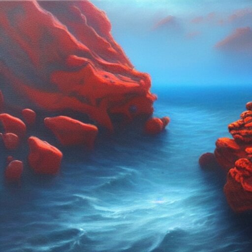 A gorgeous detailed oil painting of a red sea covered in big blue rocks, the further away the mistier it gets, dark aesthetic, atmospheric, moody, highly detailed, masterpiece, award winning, 4k