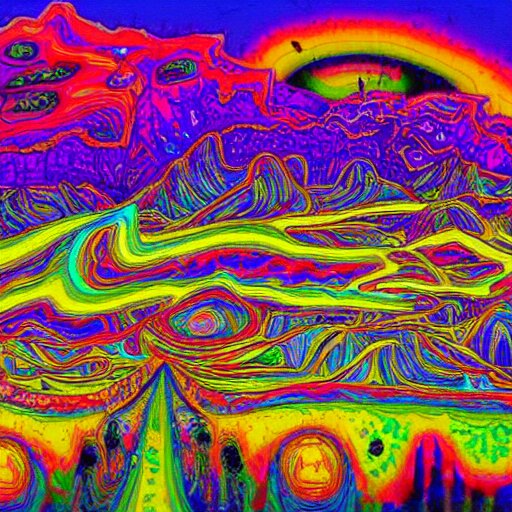 crazy psychedelic landscape full of ghosts, utopia 