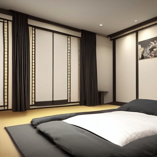 still photo of a japanese master bed room, highly detailed, photorealistic portrait, bright studio setting, studio lighting, crisp quality and light reflections, unreal engine 5 quality render 