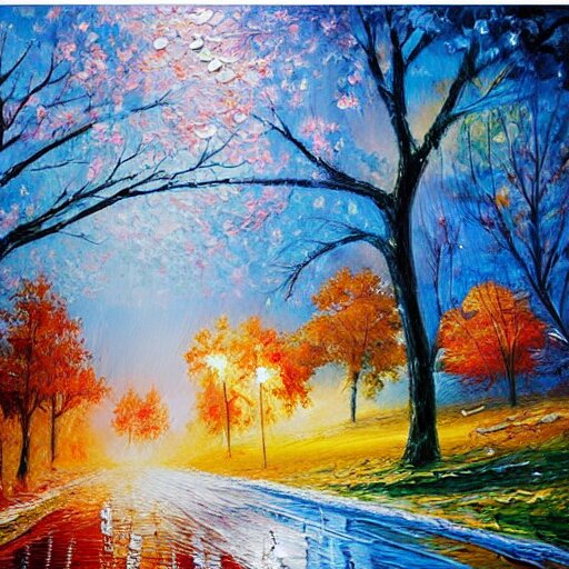 painting depicting all four season in one paintng, concept art, artstation, detailed, impressionism, oil on canvas, knife painting, messy, 