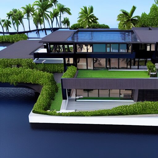 a black modern mansion on an island by itself, award winning, 8k, ultra realistic,