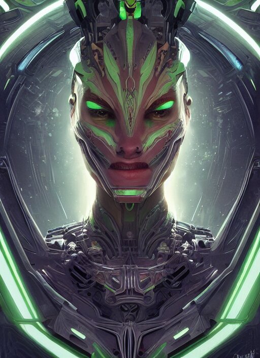 symmetry!! portrait of green alien in the style of horizon zero dawn, machine face, intricate, elegant, highly detailed, digital painting, artstation, concept art, smooth, sharp focus, illustration, art by artgerm and greg rutkowski and alphonse mucha, 8 k 