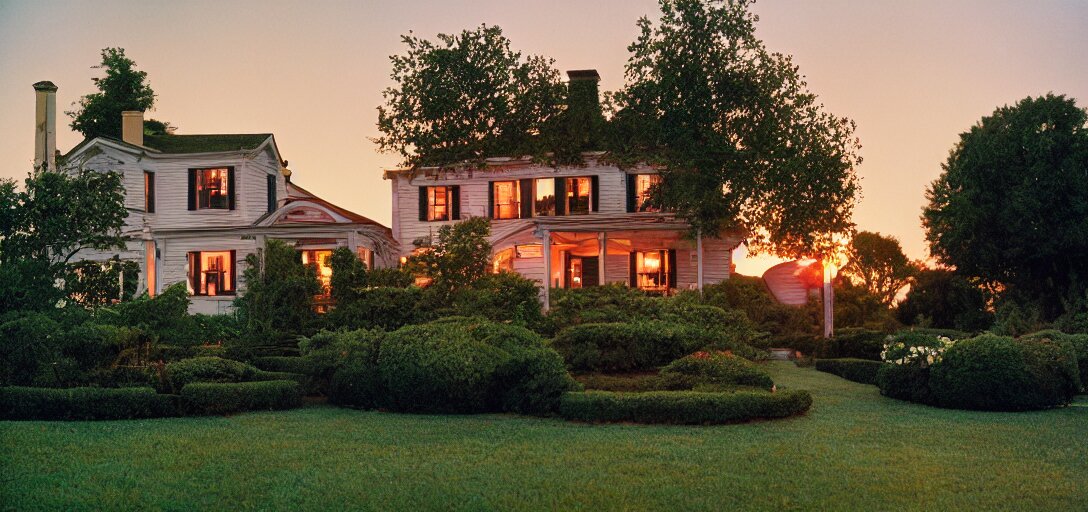 american foursquare house designed by dali, david lynch, and cartier at sunset. cinematic. fujinon premista 1 9 - 4 5 mm t 2. 9. portra 8 0 0. 