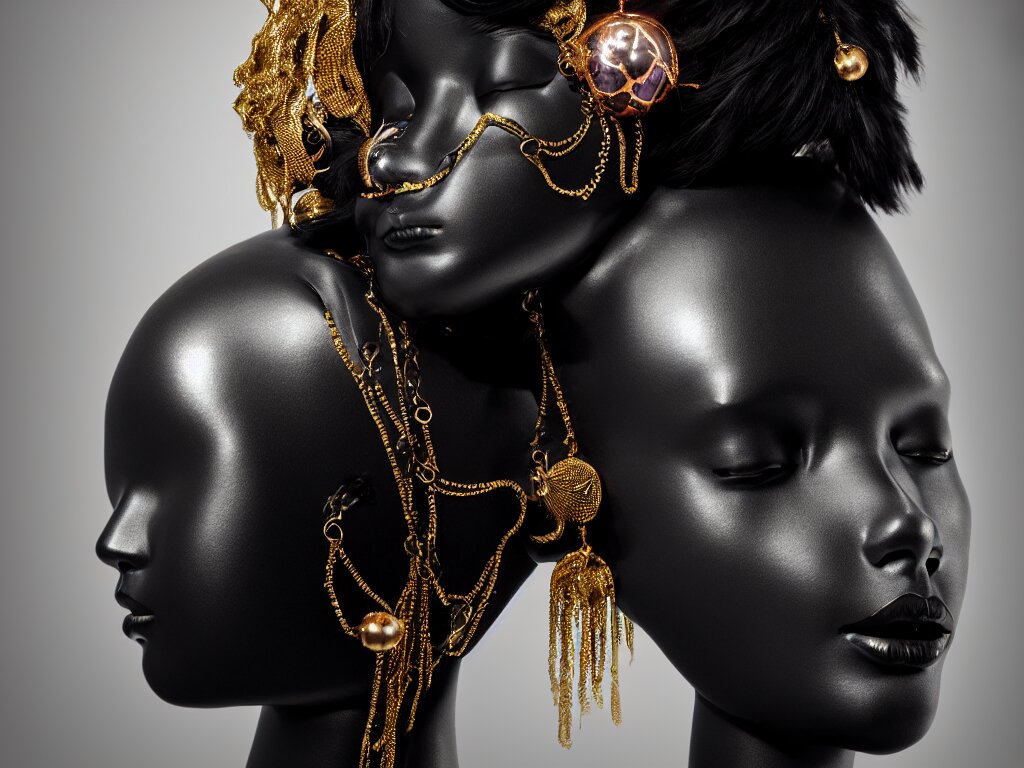 a black mannequin head with ornamented flowing diaphanous jewelry, 4k, trending on artstation, hypermaximalist, photorealistic, moody, dramatic, octane render