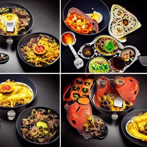 a meal of strange and disgusting, but also futuristic designer food, food photography