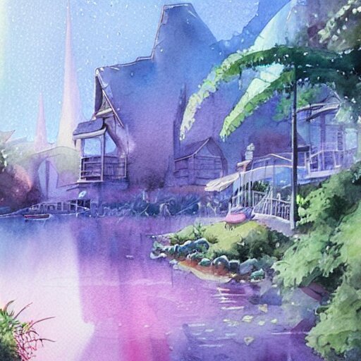 Beautiful happy picturesque charming sci-fi town in harmony with nature. Beautiful light. Water and plants. Nice colour scheme, soft warm colour. Beautiful detailed watercolor by Lurid. (2022)